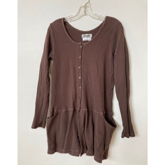 Flax Long Top Vintage Button Down Dark Brown Scoop Neck Thermal Waffle Knit M - Picture 1 of 4